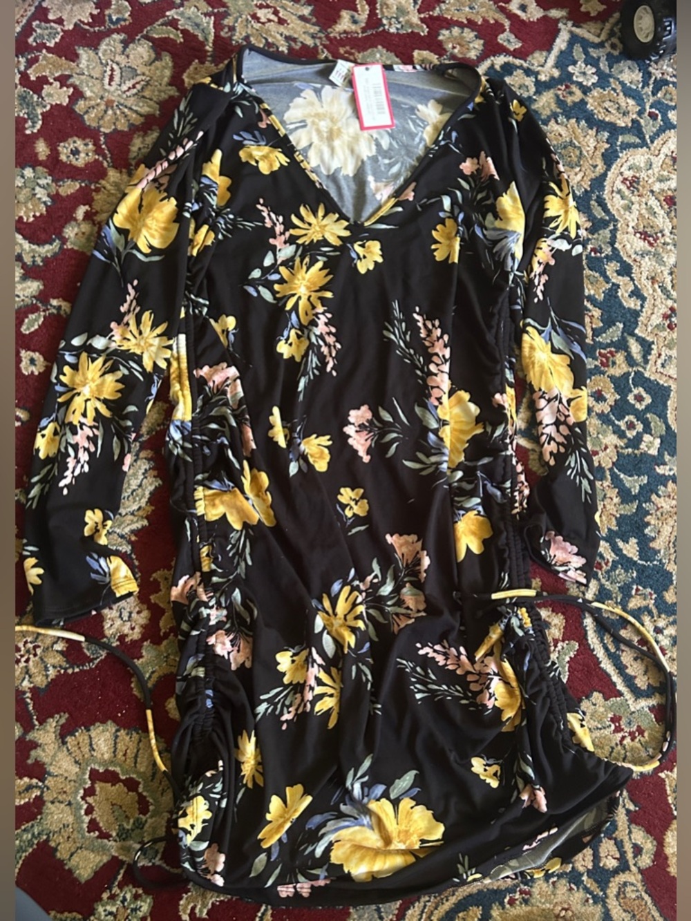 WICKED WEASEL Women’s Black Floral Long Sleeve V-Neck Dress